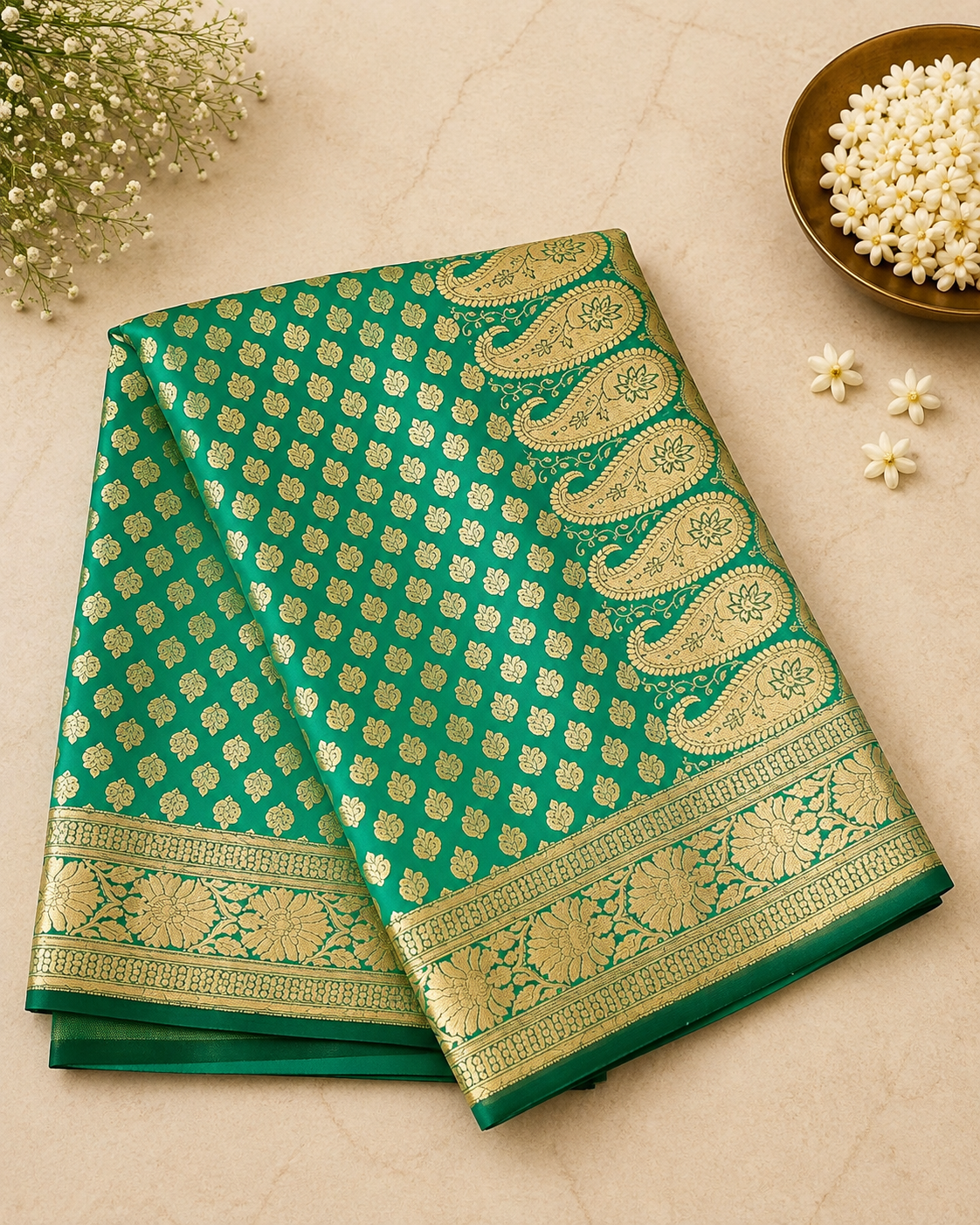 Teal Green Banarasi Silk Saree with Gold Zari Jaal Weave & Paisley Pallu | Shreevaa