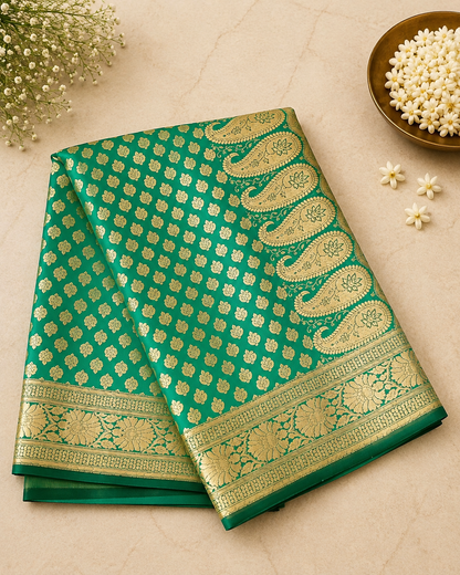 Teal Green Banarasi Silk Saree with Gold Zari Jaal Weave & Paisley Pallu | Shreevaa