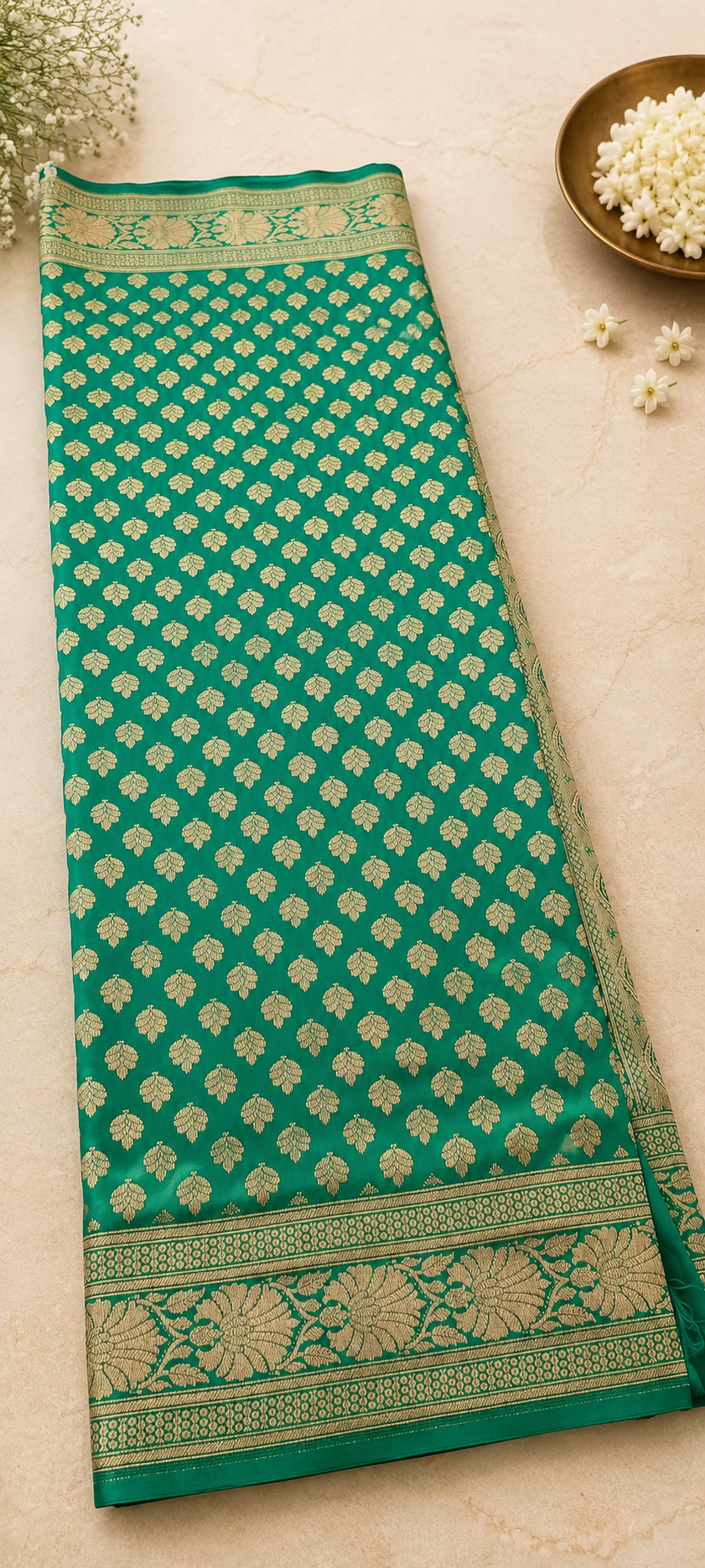 Teal Green Banarasi Silk Saree with Gold Zari Jaal Weave & Paisley Pallu | Shreevaa