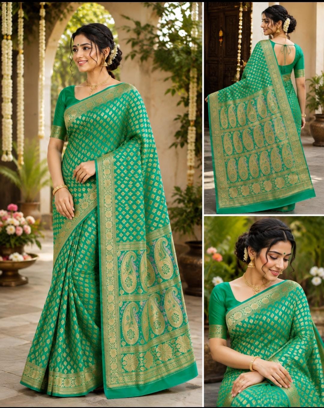 Teal Green Banarasi Silk Saree with Gold Zari Jaal Weave and Paisley Pallu by Shreevaa by Yamya Collection
