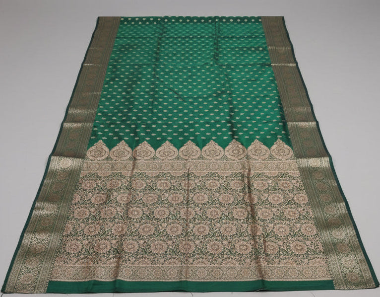 Bottle Green Banarasi Silk Saree with Golden Zari Buti & Floral Zari Pallu