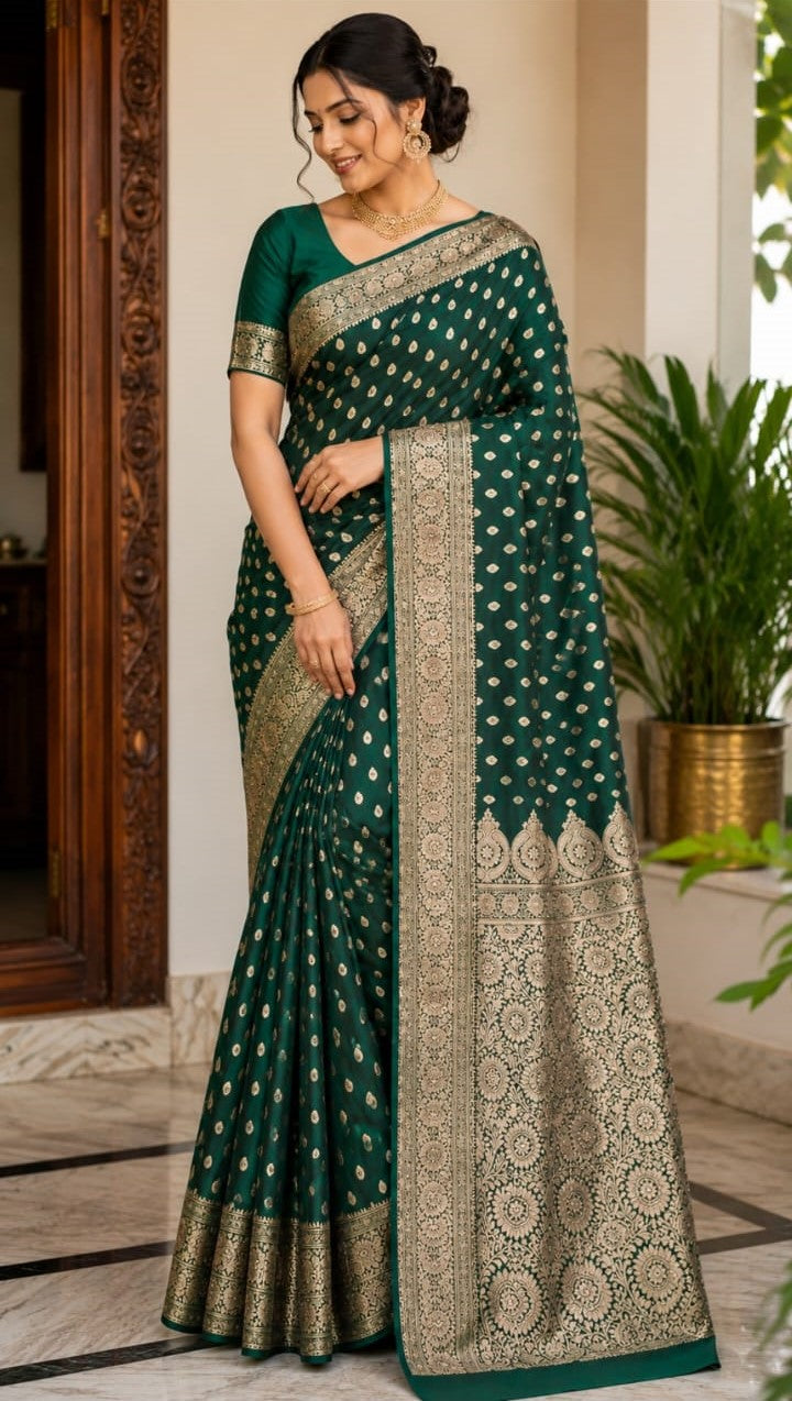 Bottle Green Banarasi Silk Saree with Golden Zari Buti & Floral Zari Pallu