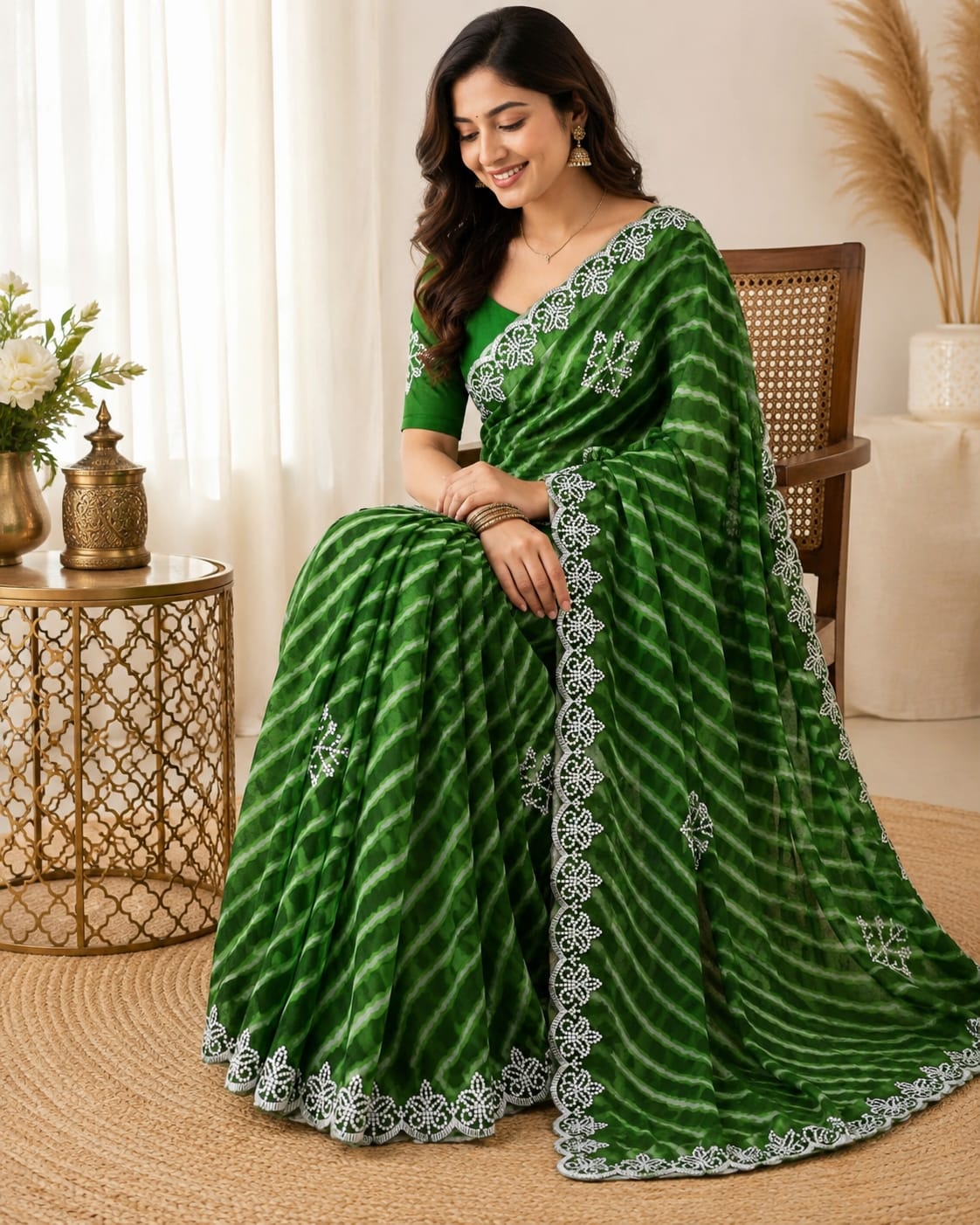 Green Lahariya Chiffon Saree with Embroidered Lace Border