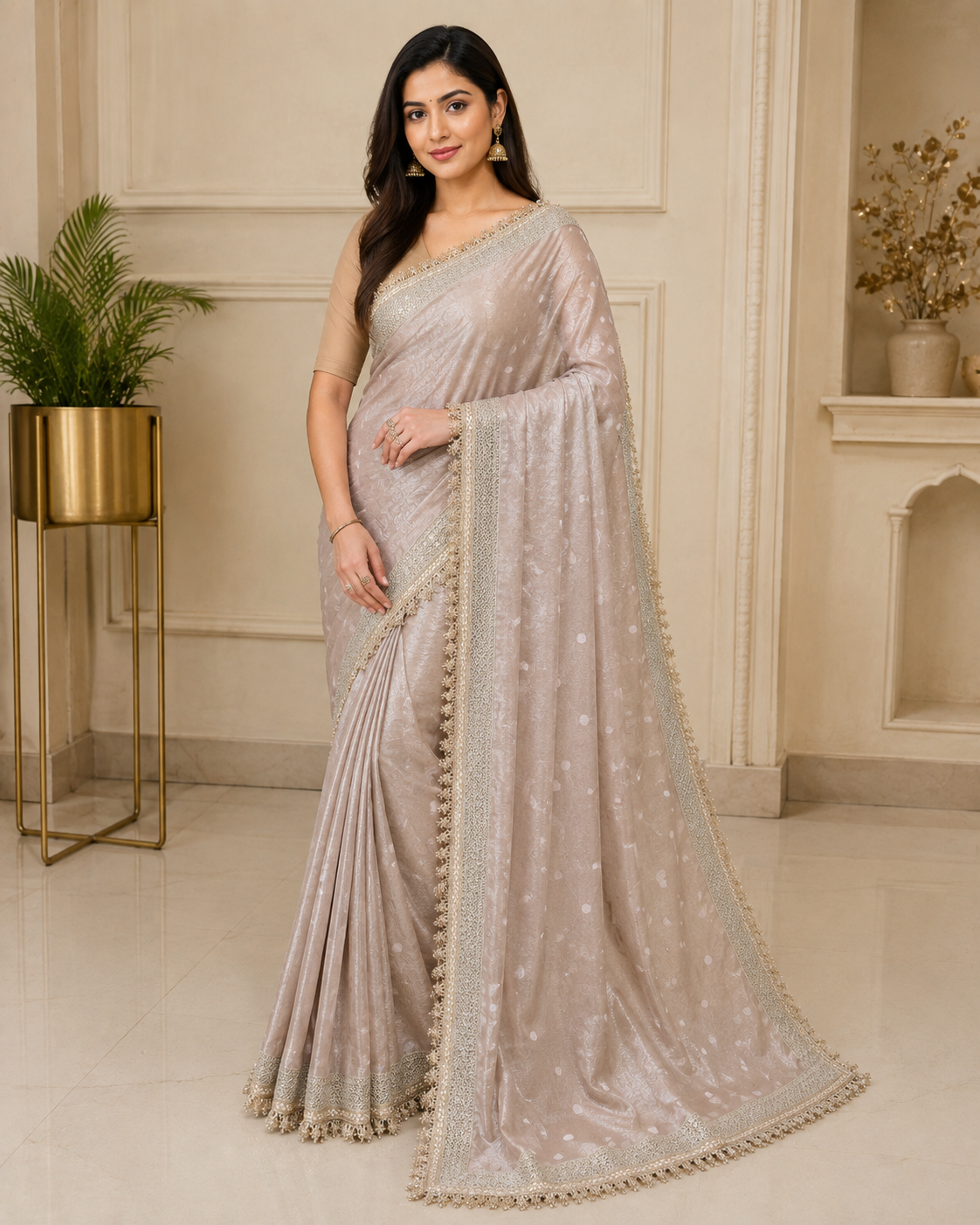 Ivory White Tissue Organza Banarasi Saree with Zari Lace Border | Shreevaa