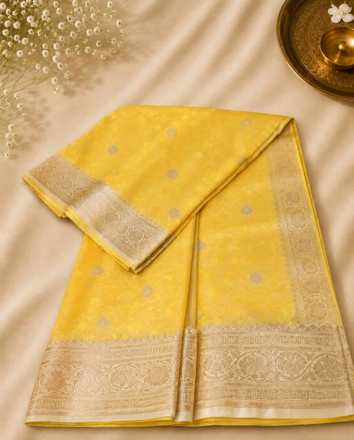 Sunshine Yellow Banarasi Silk Saree with Silver-Gold Zari Buti & Broad Zari Border