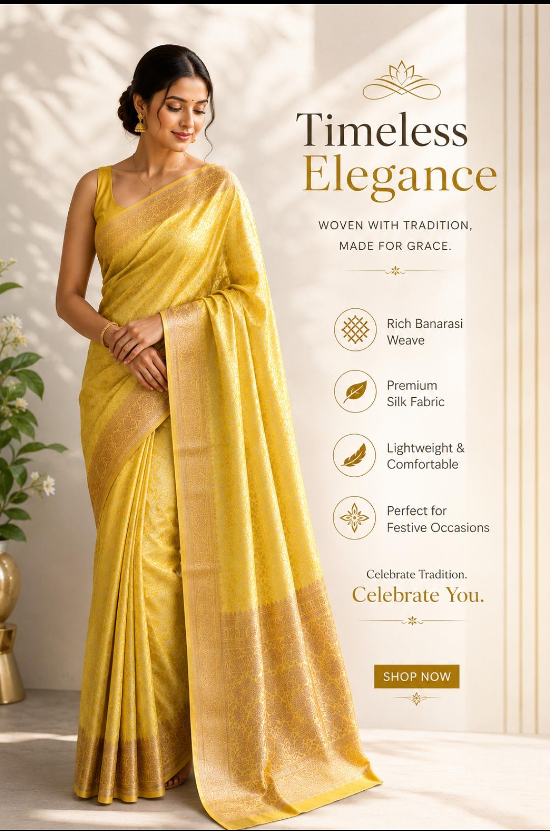 Sunshine Yellow Banarasi Silk Saree with Silver-Gold Zari Buti & Broad Zari Border
