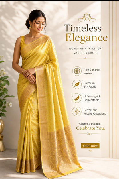Sunshine Yellow Banarasi Silk Saree with Silver-Gold Zari Buti & Broad Zari Border