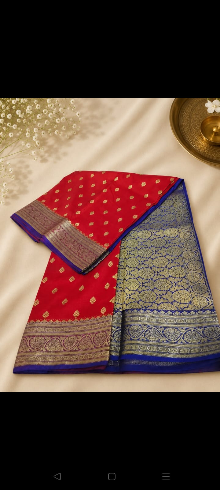 Royal Red Banarasi Silk Saree with Golden Zari Buti, Heavy Gold Pallu & Royal Blue Border