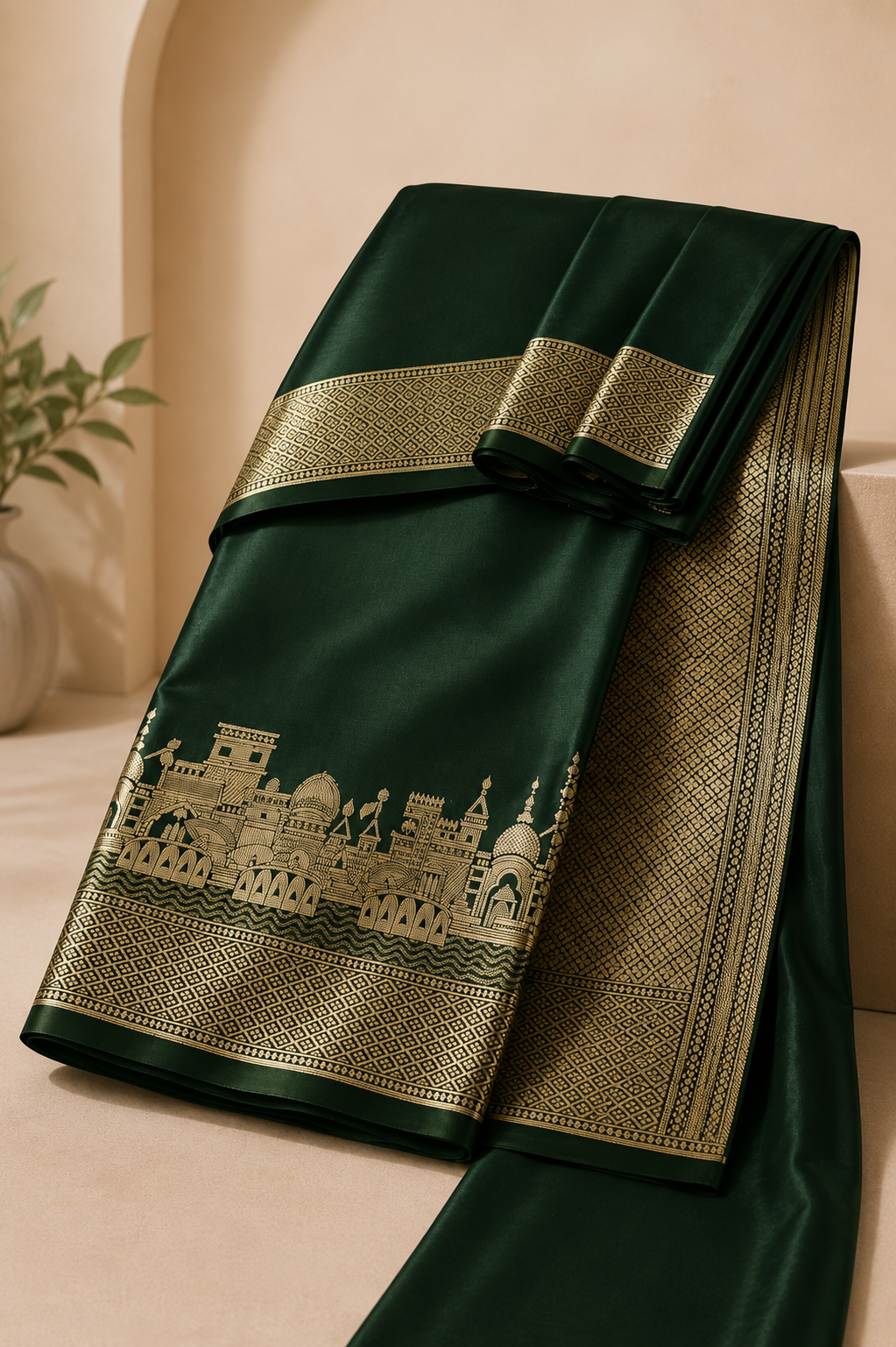 Deep Forest Green Ghats Banarasi Masru Katan Silk Saree with Golden Zari Architectural Weave