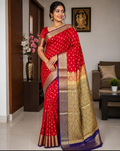 Royal Red Banarasi Silk Saree with Golden Zari Buti, Heavy Gold Pallu & Royal Blue Border