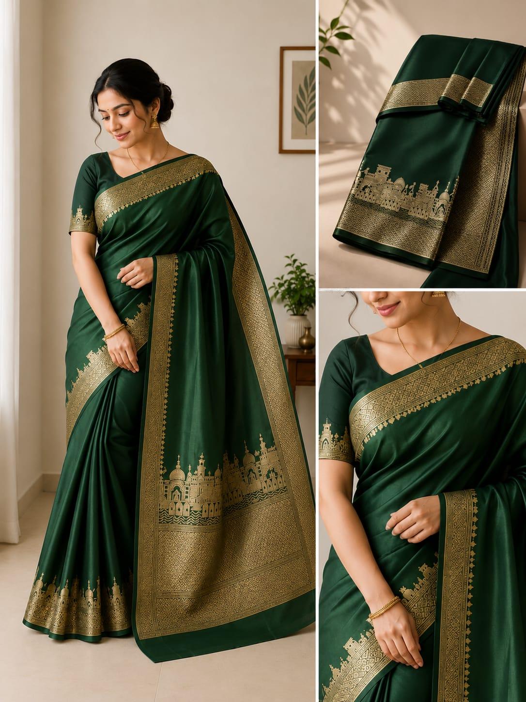 Deep Forest Green Ghats Banarasi Masru Katan Silk Saree with Golden Zari Architectural Weave