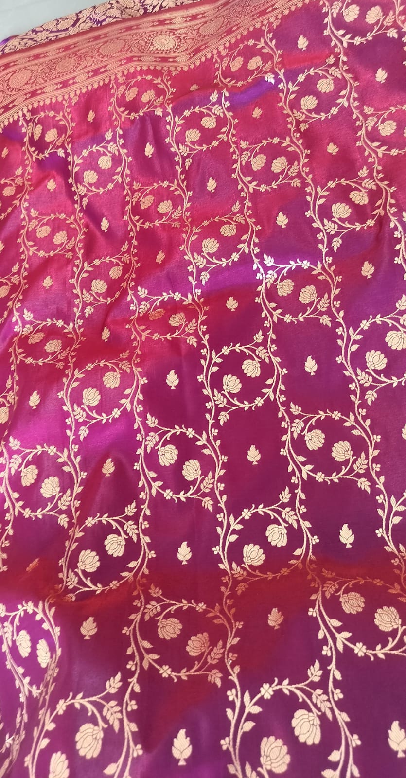 Deep Magenta with Golden Zari Floral Jaal | Kashi Premium Katan Banarasi Silk Saree