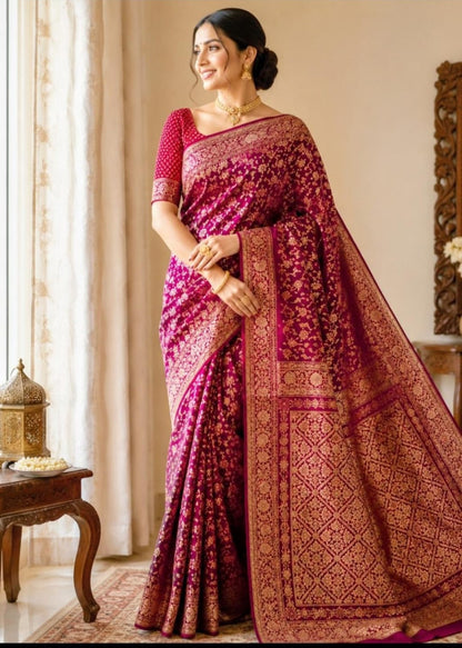 Deep Magenta with Golden Zari Floral Jaal | Kashi Premium Katan Banarasi Silk Saree