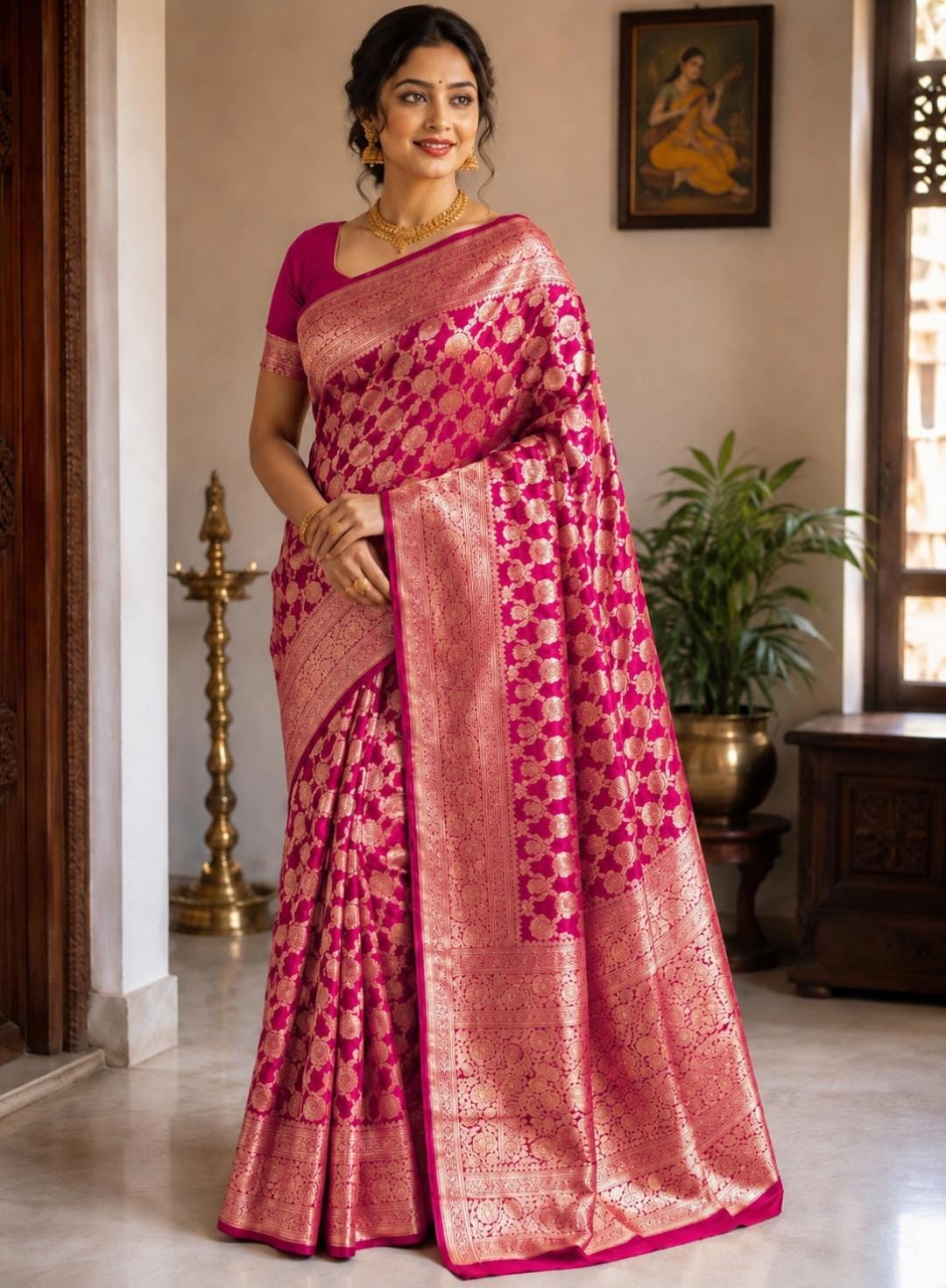 Magenta Pink Banarasi Silk Saree with All-Over Rose Gold Zari Jaal Weave and Broad Zari Border