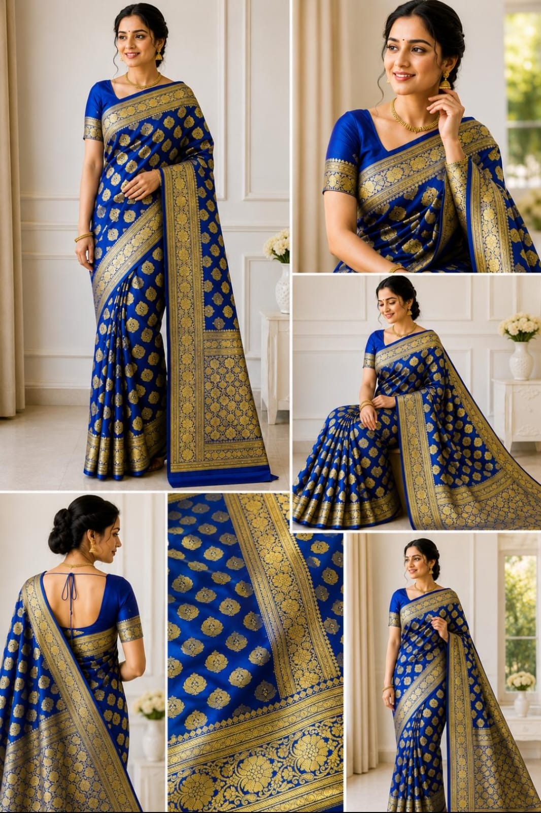 Royal Blue Banarasi Silk Saree with Zari Buti Weave & Ornate Gold Border | Shreevaa