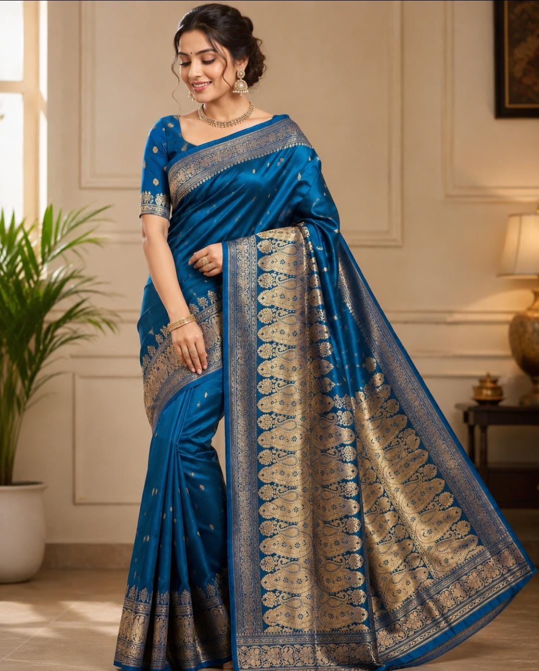 Teal Blue Banarasi Silk Saree with Paisley Zari Border and Scattered Buti Weave