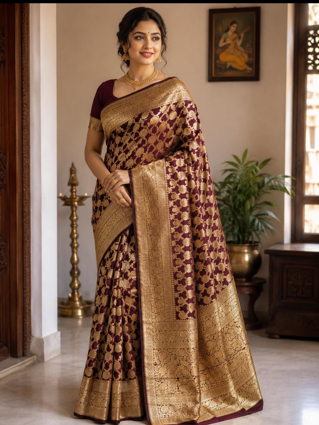 Wine Maroon Banarasi Silk Saree with All-Over Gold Zari Jaal Weave and Ornate Border