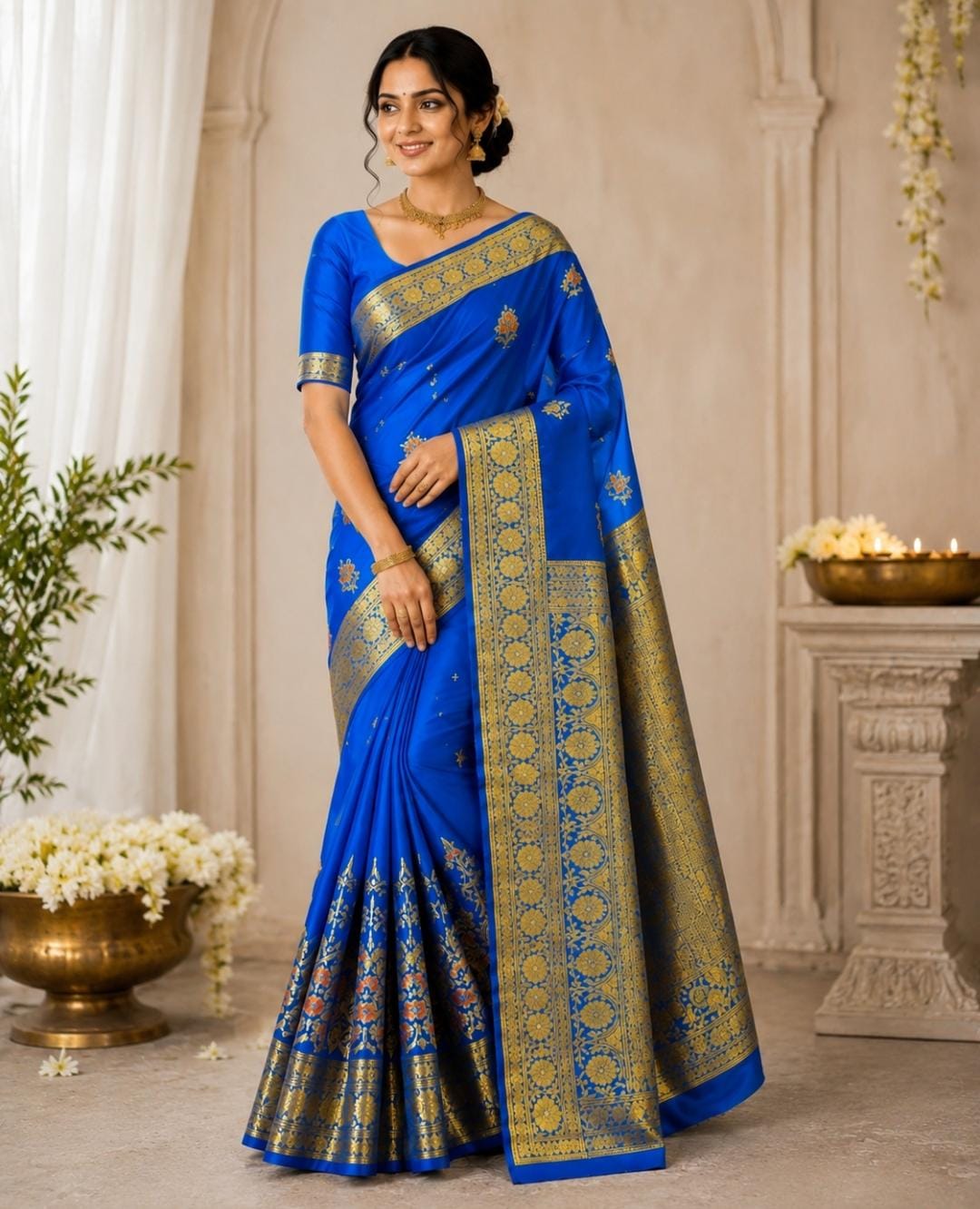 Royal Blue Banarasi Satin Silk Saree with Heavy Gold Zari Border and Medallion Motifs - Shreevaa by Yamya Collection