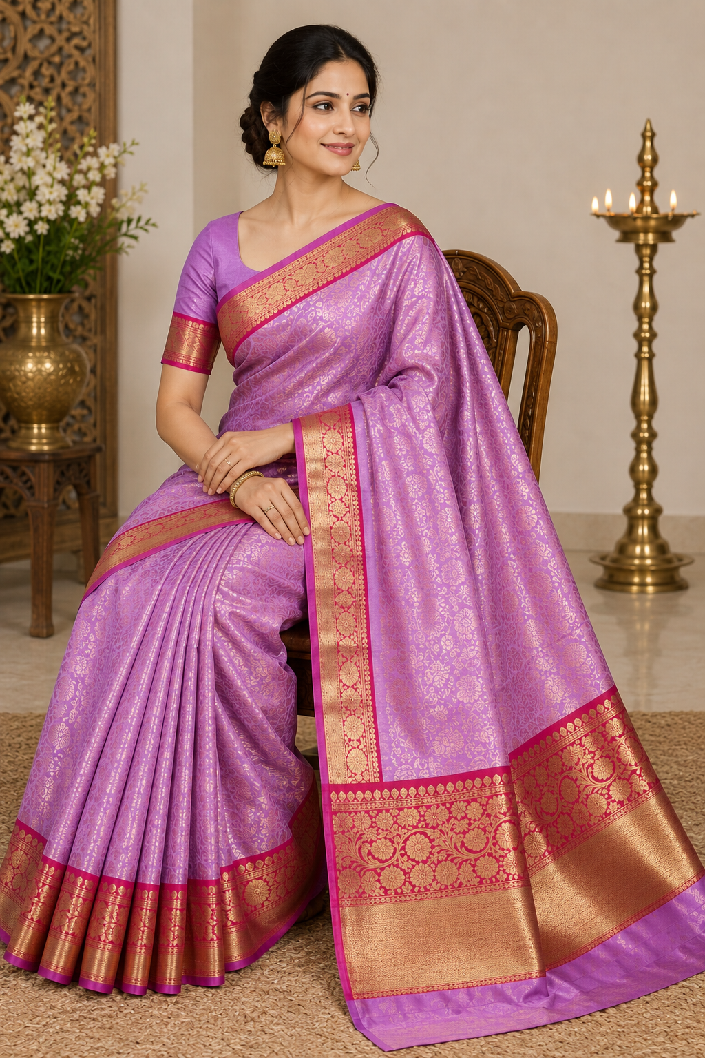 Lavender Pink Silk Banarasi Saree with Wine Gold Zari Border | Shreevaa
