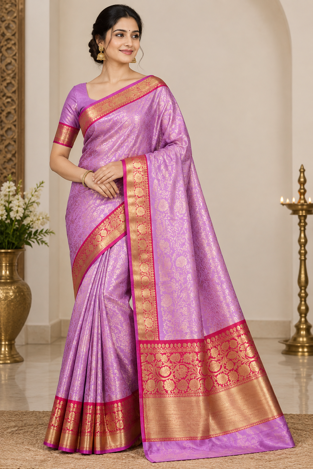 Lavender Pink Silk Banarasi Saree with Wine Gold Zari Border | Shreevaa