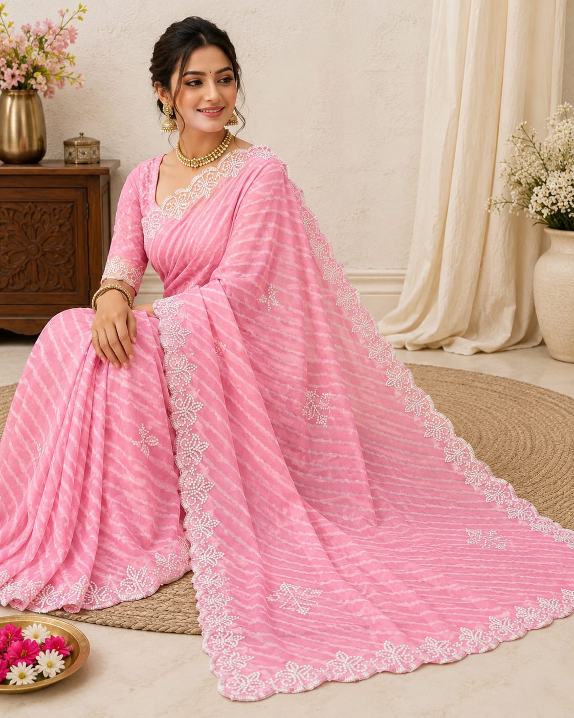 Lahariya Chiffon Saree with Embroidered Lace Border | Green, Orange, Rani Pink & Hot Pink