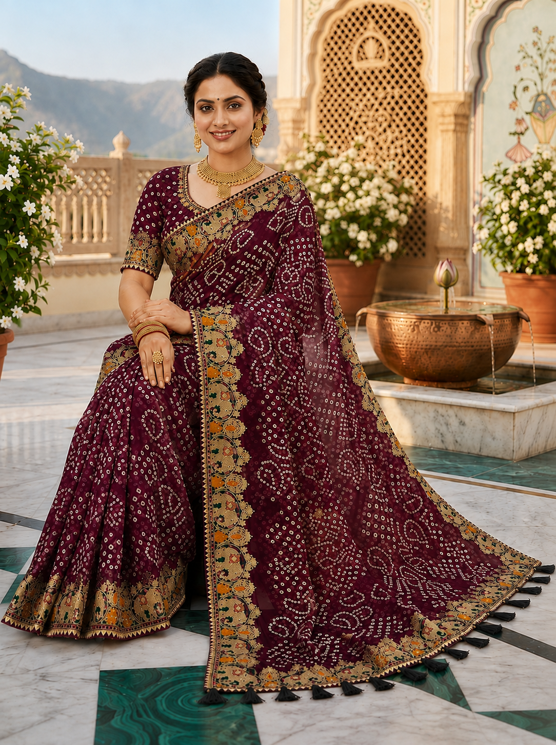 Maroon bandhani georgette saree – model sitting view with gold jewellery and embroidered medallion border detail