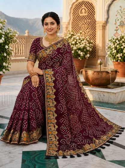 Maroon bandhani georgette saree – model sitting view with gold jewellery and embroidered medallion border detail