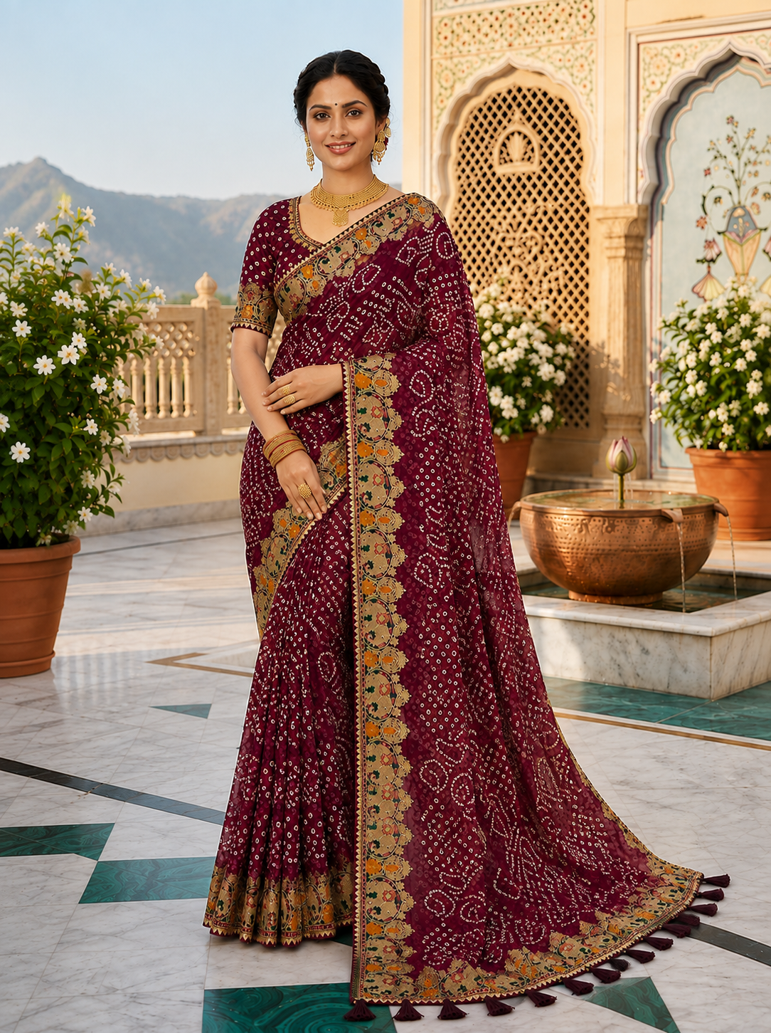 Maroon bandhani georgette saree – model standing full drape view showing embroidered gold border and maroon tassel pallu