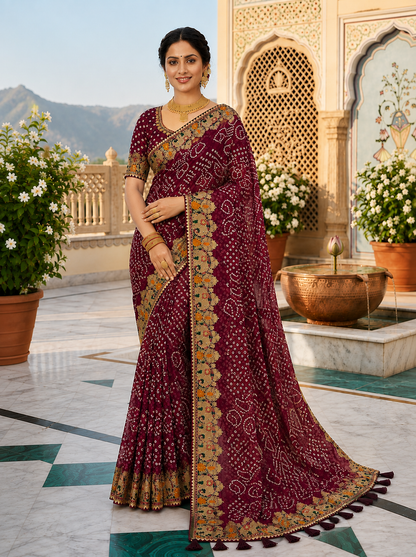 Maroon bandhani georgette saree – model standing full drape view showing embroidered gold border and maroon tassel pallu