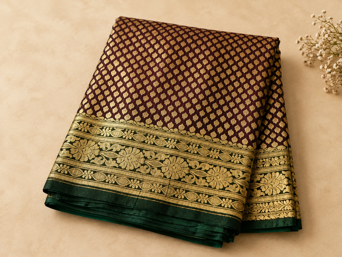 Deep maroon Banarasi silk saree – folded view showing gold woven booti body and wide multi-layered gold border with dark green satin finish