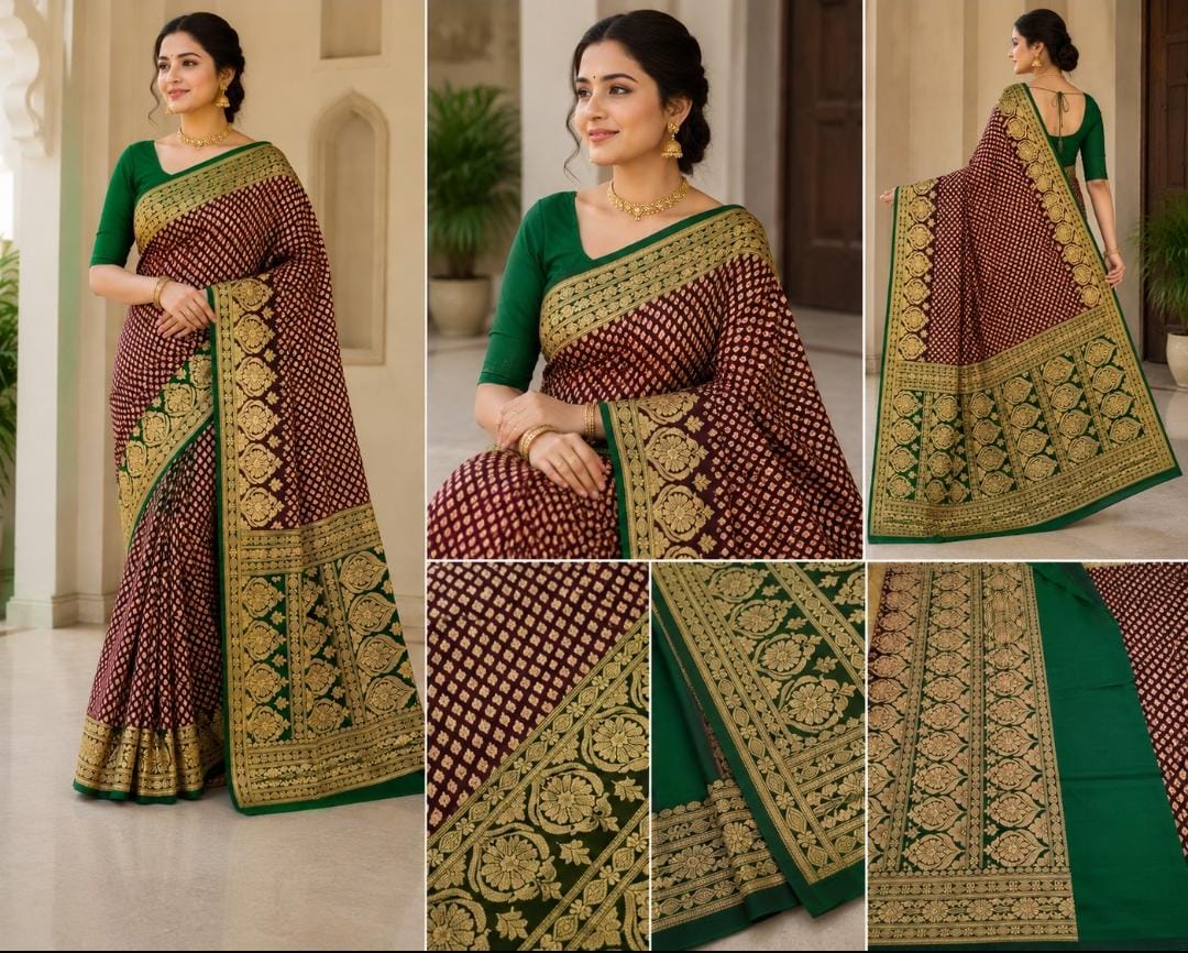 Maroon and Green Banarasi Silk Saree with Gold Zari Jaal Weave and Floral Border by Shreevaa by Yamya Collection