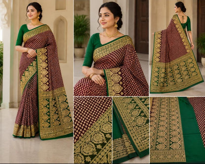 Maroon and Green Banarasi Silk Saree with Gold Zari Jaal Weave and Floral Border by Shreevaa by Yamya Collection