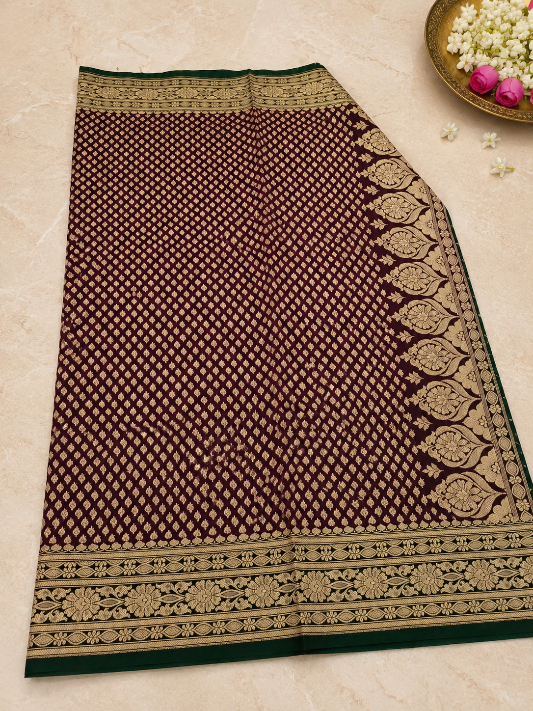 Maroon & Green Banarasi Silk Saree with Gold Zari Jaal Weave & Floral Border