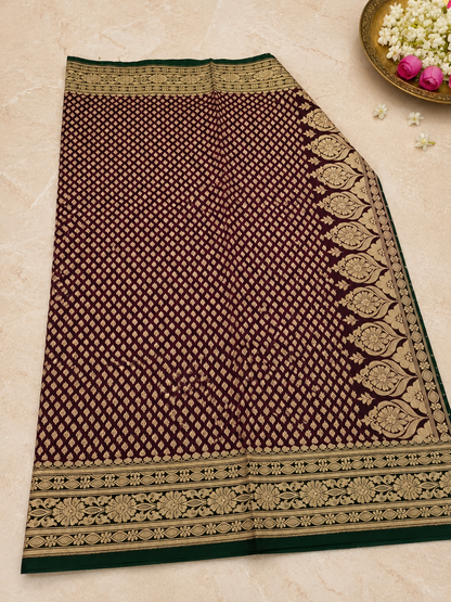 Maroon & Green Banarasi Silk Saree with Gold Zari Jaal Weave & Floral Border