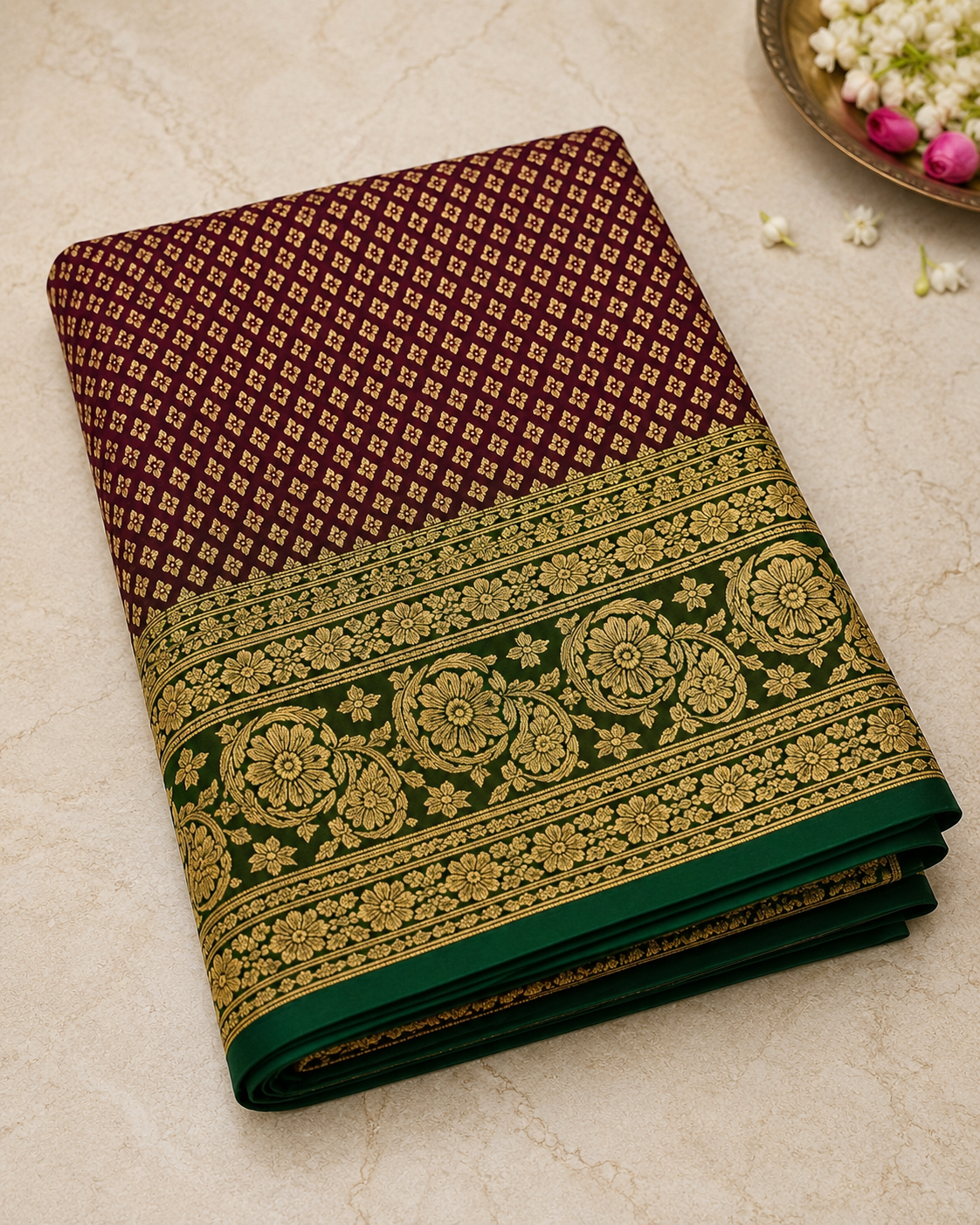 Maroon & Green Banarasi Silk Saree with Gold Zari Jaal Weave & Floral Border