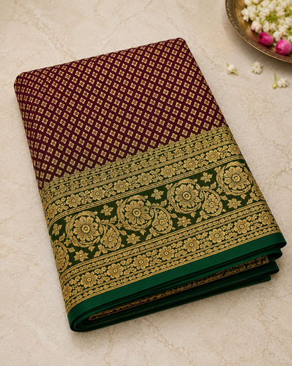 Maroon & Green Banarasi Silk Saree with Gold Zari Jaal Weave & Floral Border