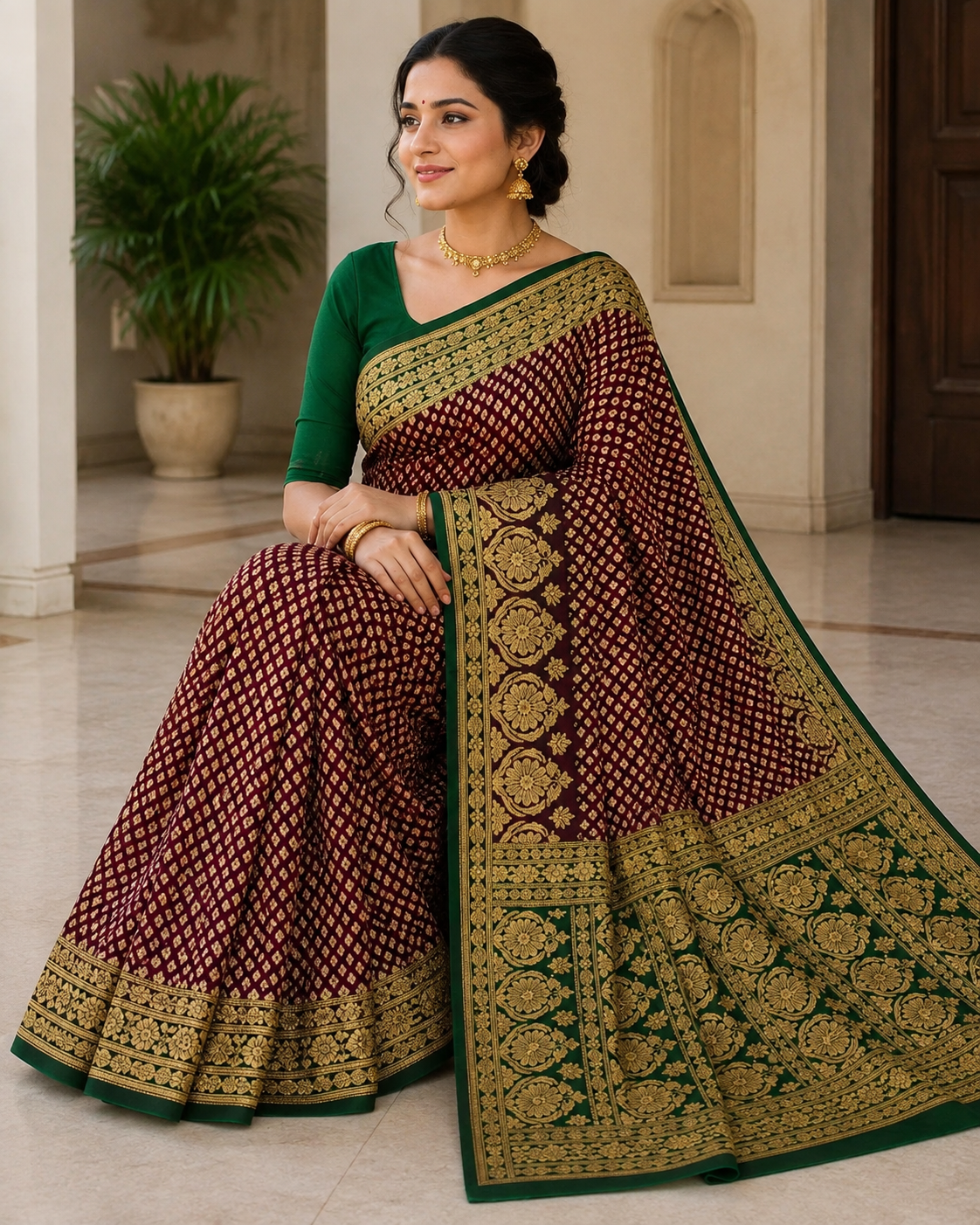 Maroon & Green Banarasi Silk Saree with Gold Zari Jaal Weave & Floral Border