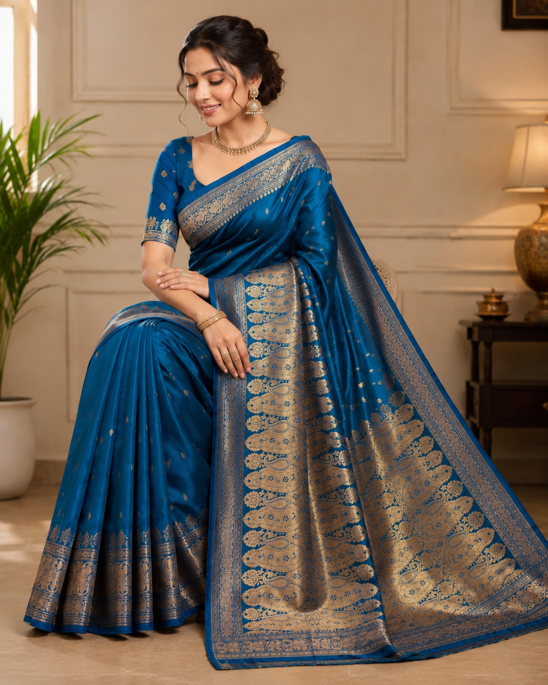 Teal Blue Banarasi Silk Saree with Paisley Zari Border & Scattered Buti Weave | Shreevaa