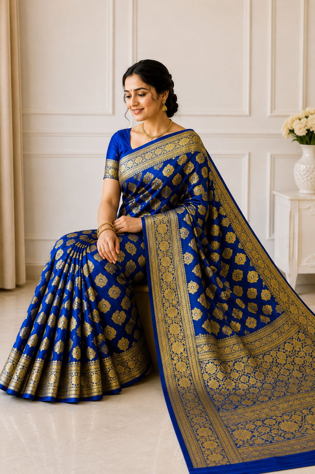 Royal Blue Banarasi Silk Saree with Gold Zari Buti Weave and Ornate Border