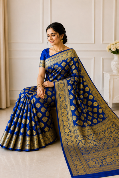 Royal Blue Banarasi Silk Saree with Gold Zari Buti Weave and Ornate Border