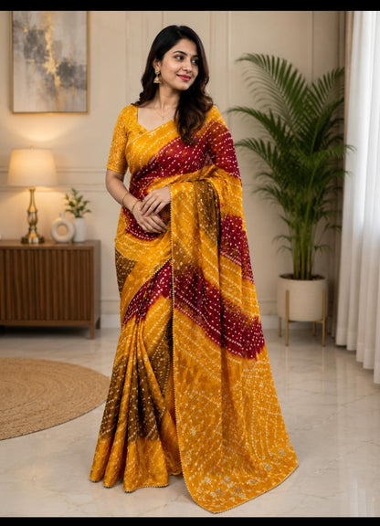 Multicolour Bandhani Tapeta Silk Saree | Yellow & Red with Silver Dot Work