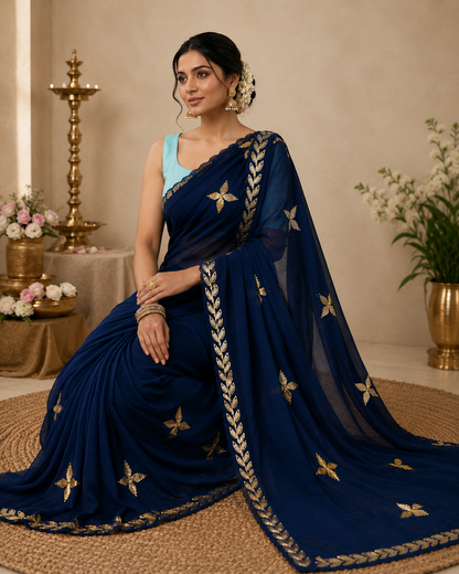 Navy blue chiffon darwari saree - collage showing front, detail and back of aqua blouse