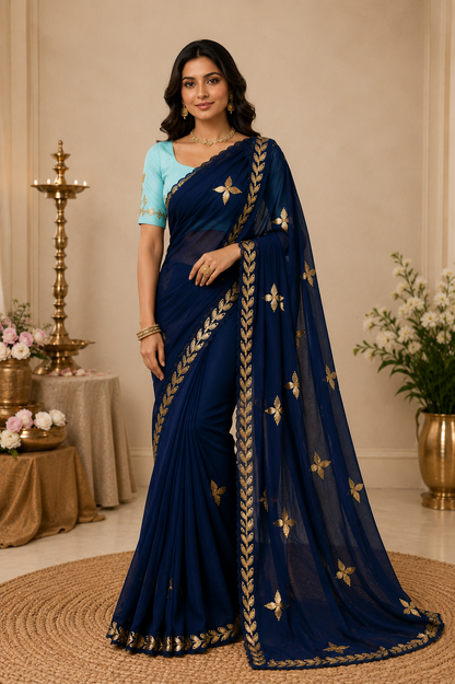 Navy blue chiffon darwari saree - standing full length view