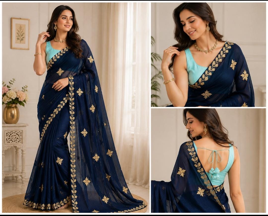 Navy blue chiffon darwari saree - sitting pose with gold gota patti buti and leaf border