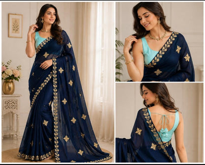Navy blue chiffon darwari saree - sitting pose with gold gota patti buti and leaf border