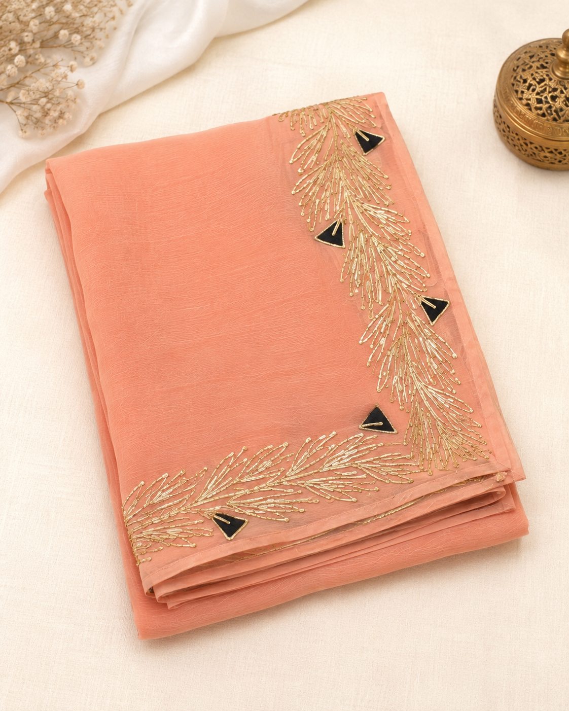 Najbeen peach chiffon darwari saree – folded view