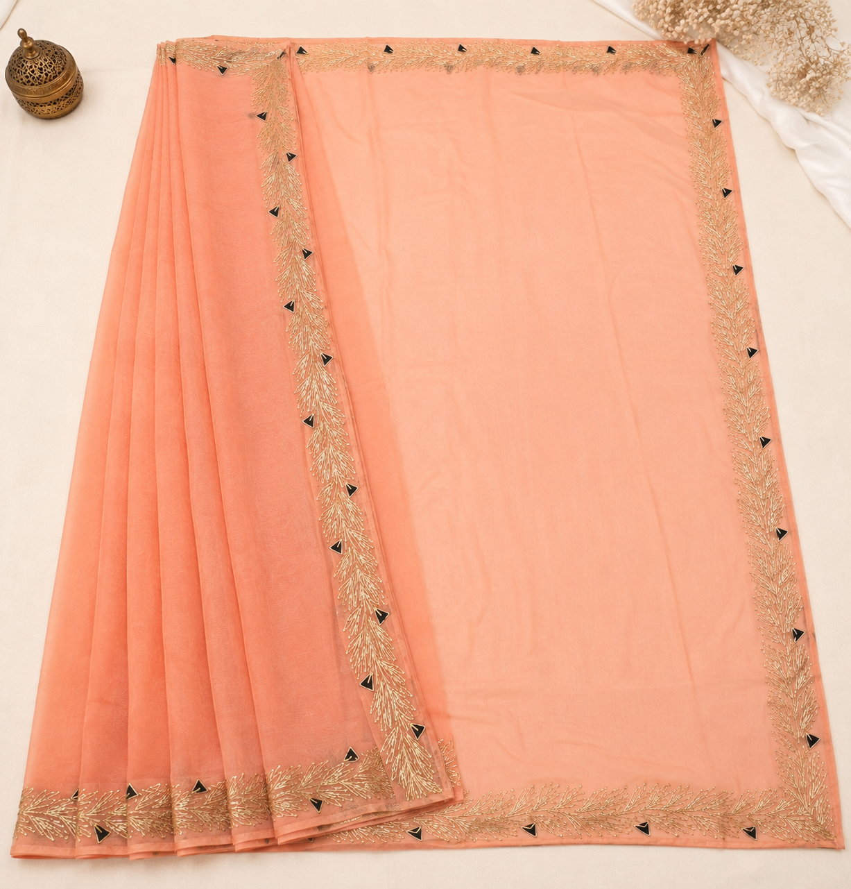 Najbeen peach chiffon darwari saree – full open flat lay view