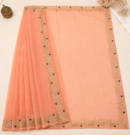 Najbeen peach chiffon darwari saree – full open flat lay view
