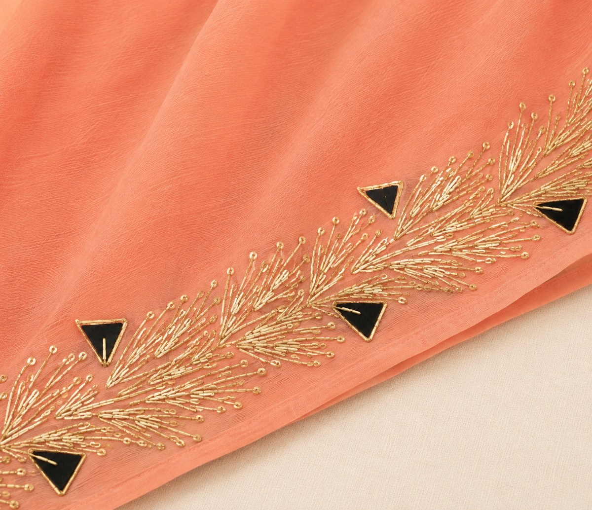 Najbeen peach chiffon darwari saree – pallu close-up with gota pati embroidery