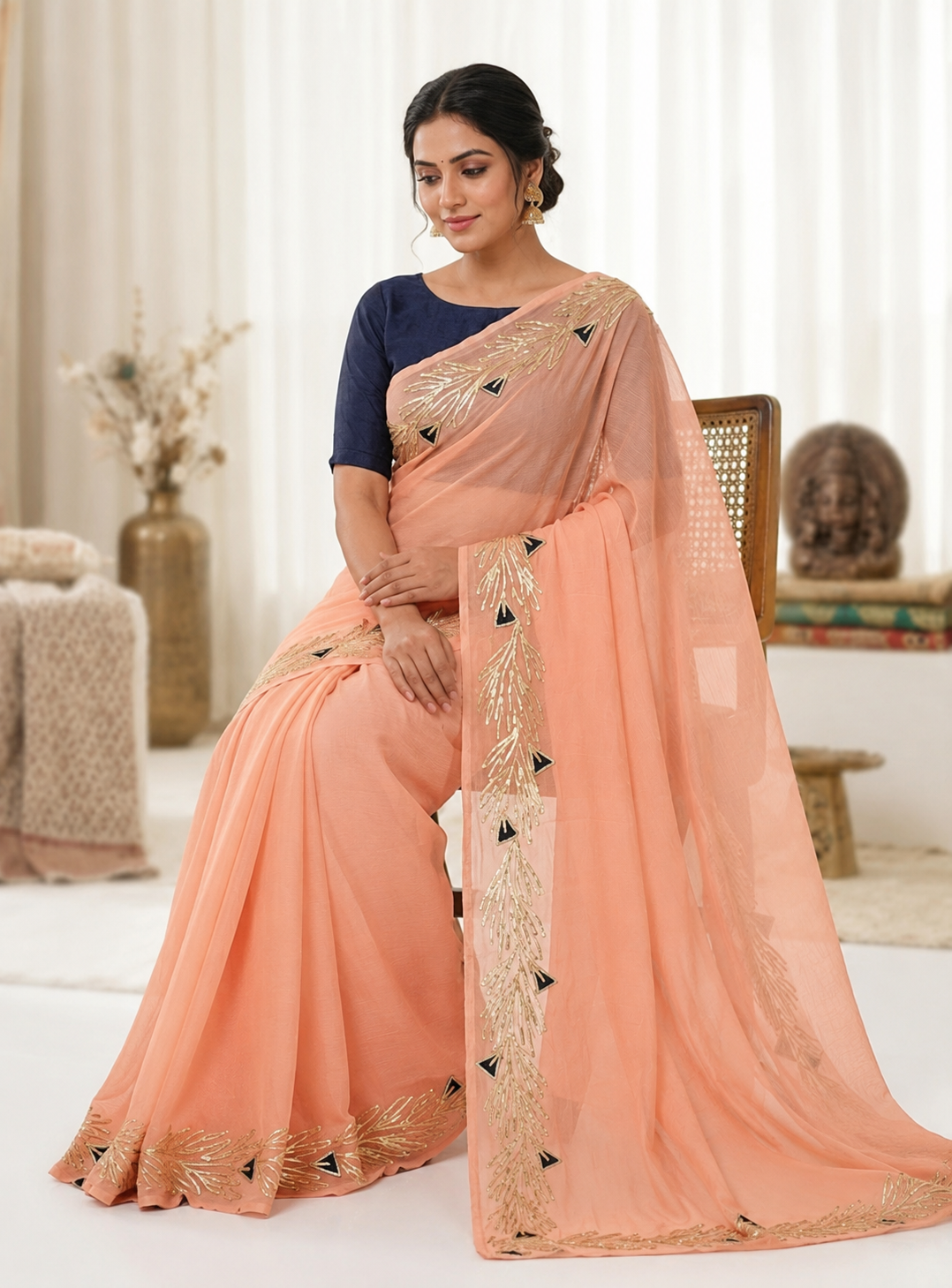 Najbeen peach chiffon darwari saree – model sitting view showing gota pati embroidery and black triangle motifs